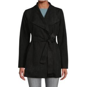 Magaschoni Black Faux Suede Belted Open Front Jacket Wrap Coat NWT Large